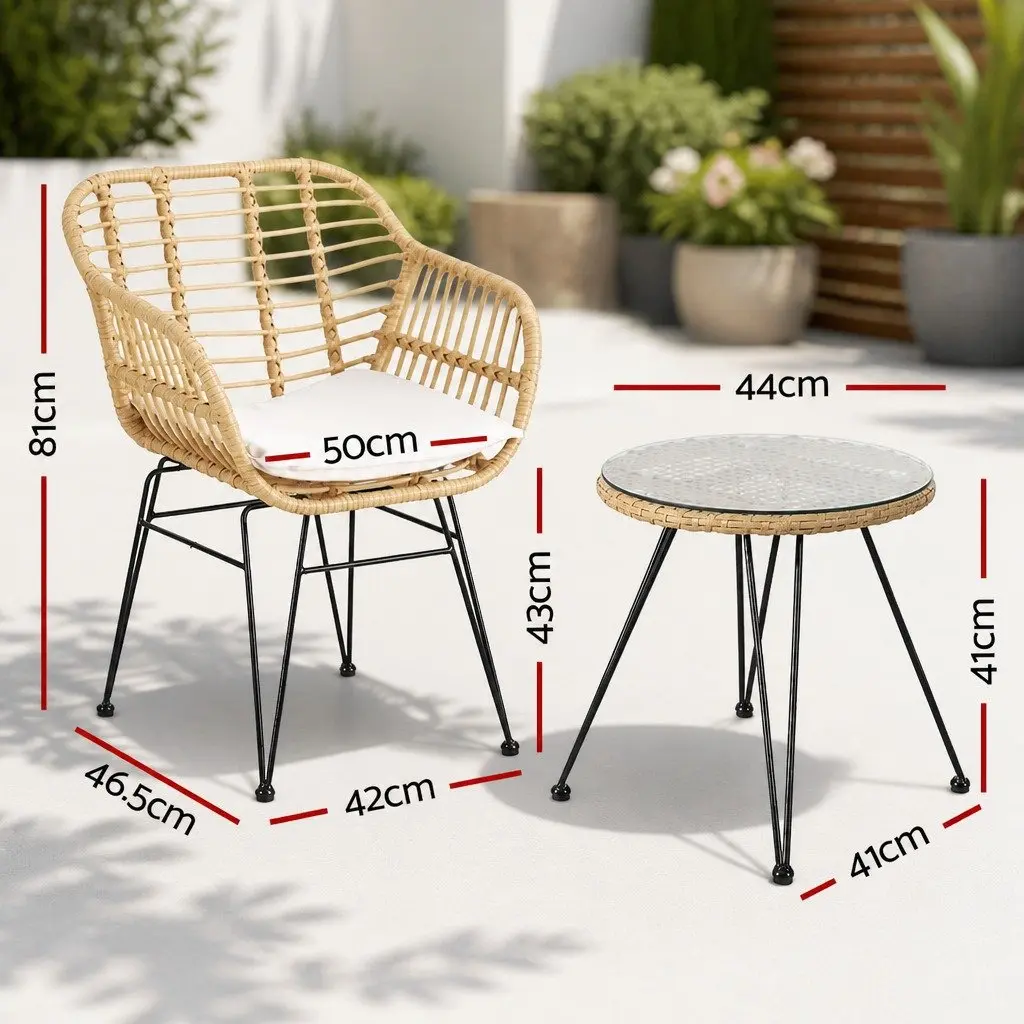 3PC Outdoor Bistro Set Lounge Furniture PE Wicker Steel Frame Cushions Oak