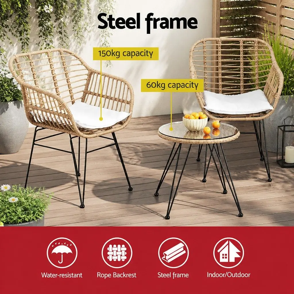3PC Outdoor Bistro Set Lounge Furniture PE Wicker Steel Frame Cushions Oak