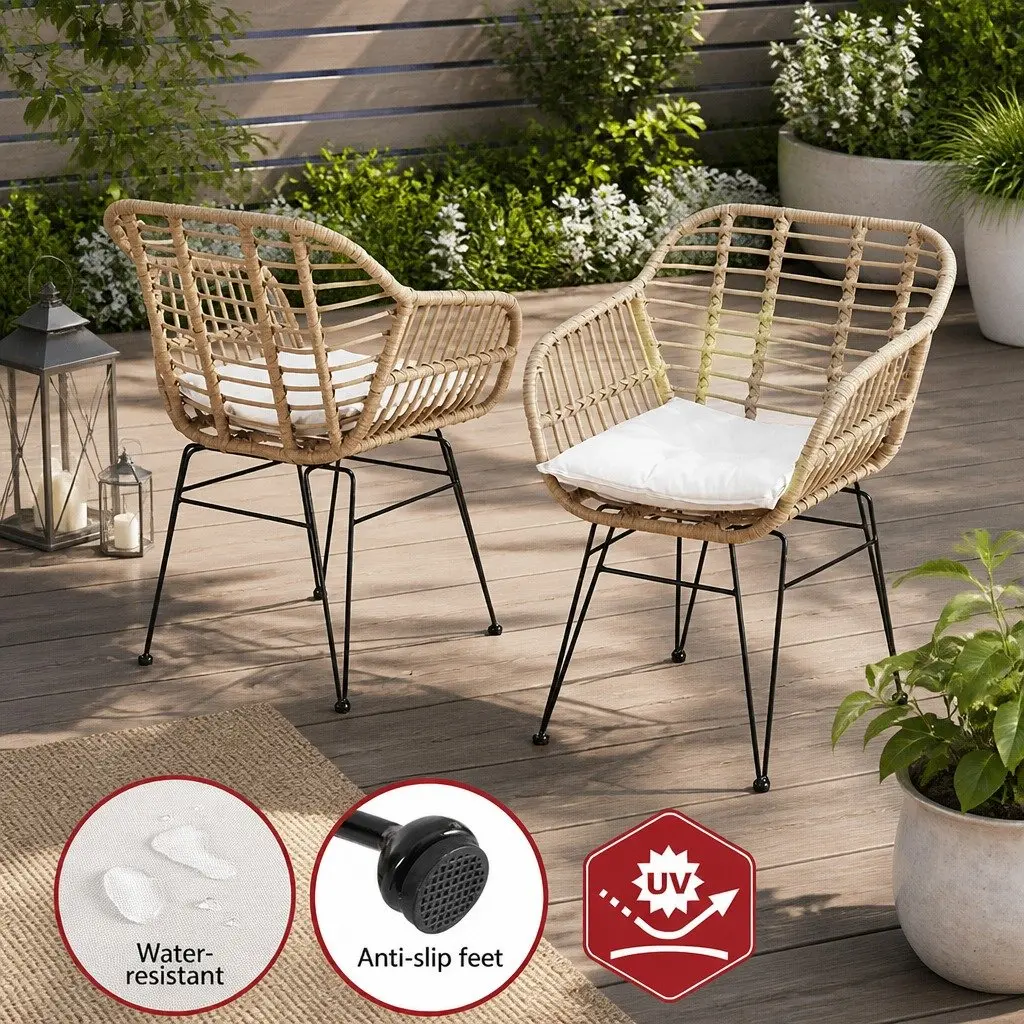 3PC Outdoor Bistro Set Lounge Furniture PE Wicker Steel Frame Cushions Oak