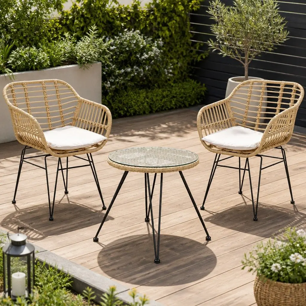 3PC Outdoor Bistro Set Lounge Furniture PE Wicker Steel Frame Cushions Oak