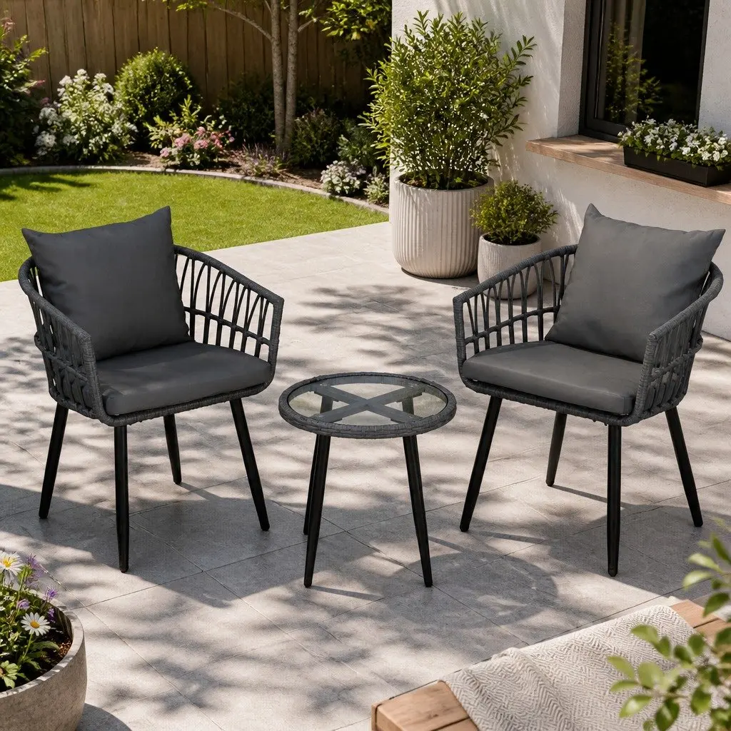 3PC Outdoor Lounge Setting Grey Patio Furniture Bistro Set with Chairs and