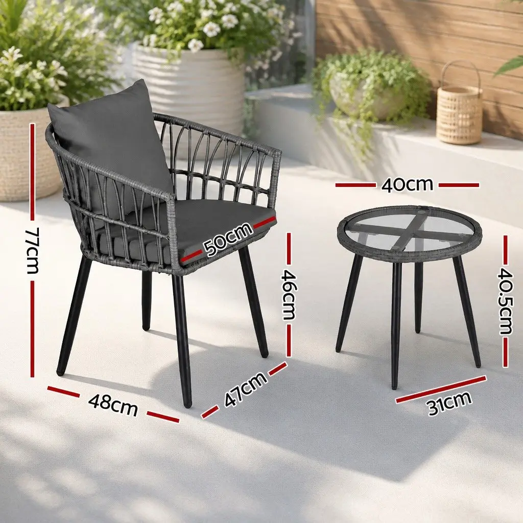 3PC Outdoor Lounge Setting Grey Patio Furniture Bistro Set with Chairs and