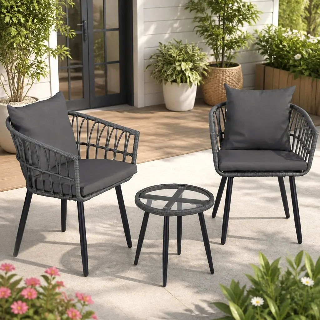 3PC Outdoor Lounge Setting Grey Patio Furniture Bistro Set with Chairs and