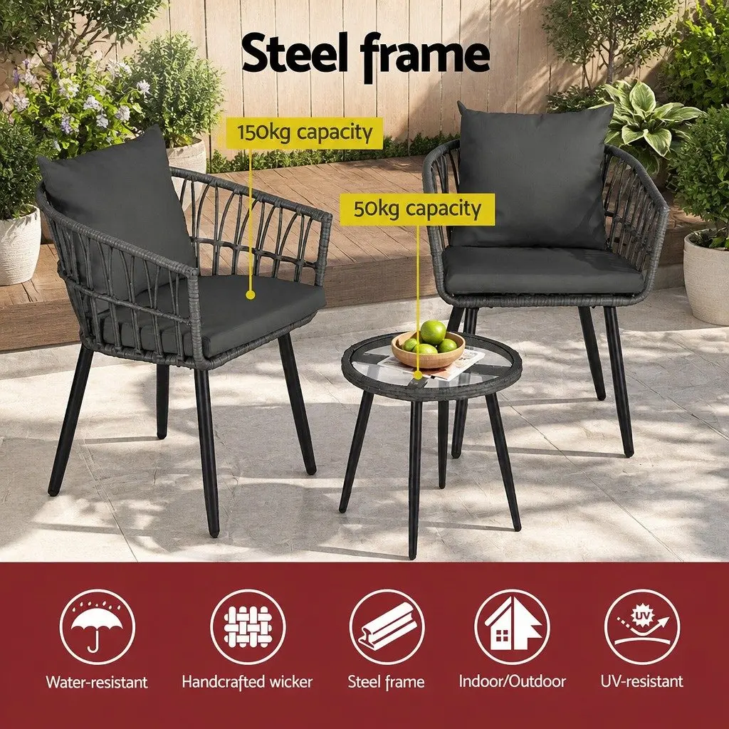 3PC Outdoor Lounge Setting Grey Patio Furniture Bistro Set with Chairs and