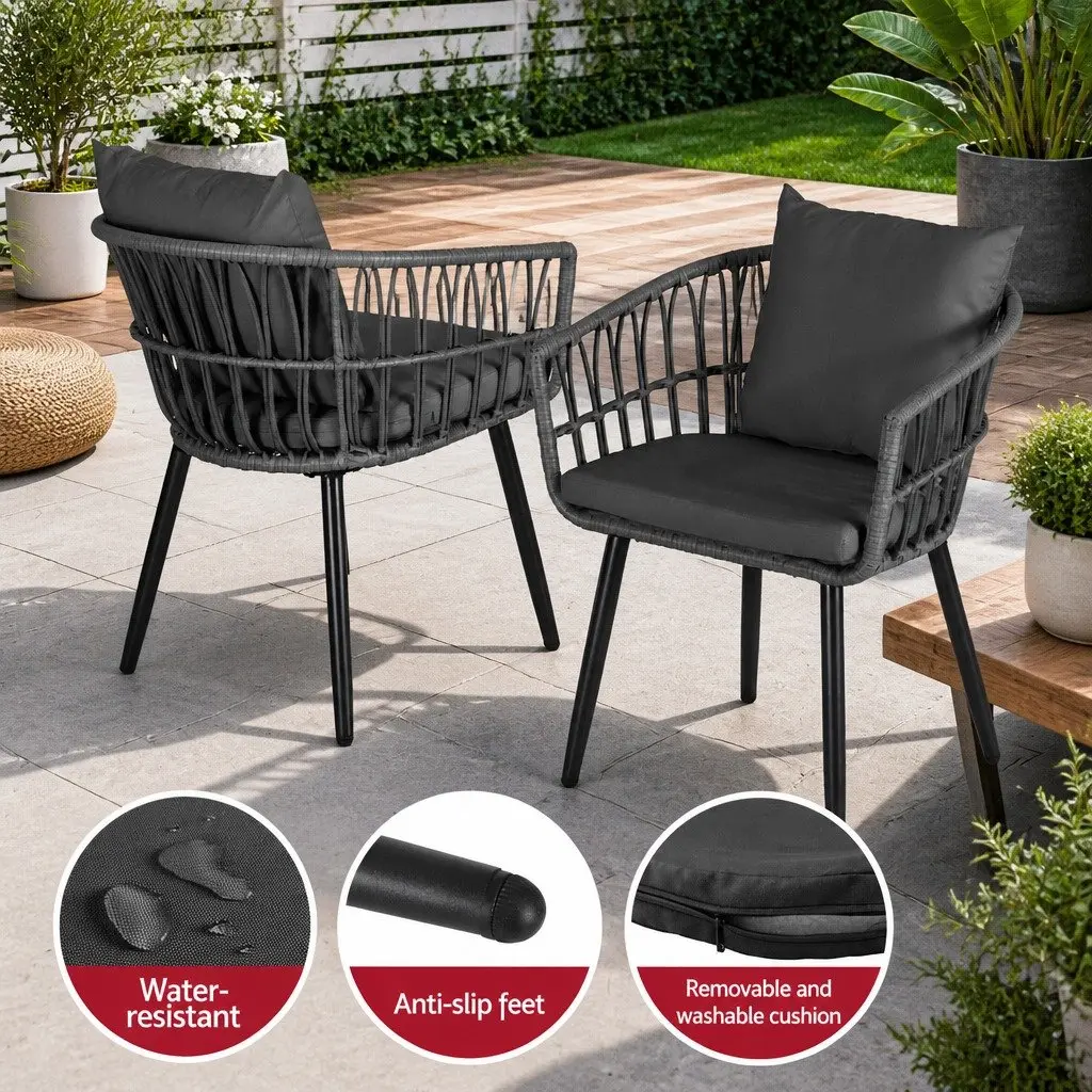 3PC Outdoor Lounge Setting Grey Patio Furniture Bistro Set with Chairs and
