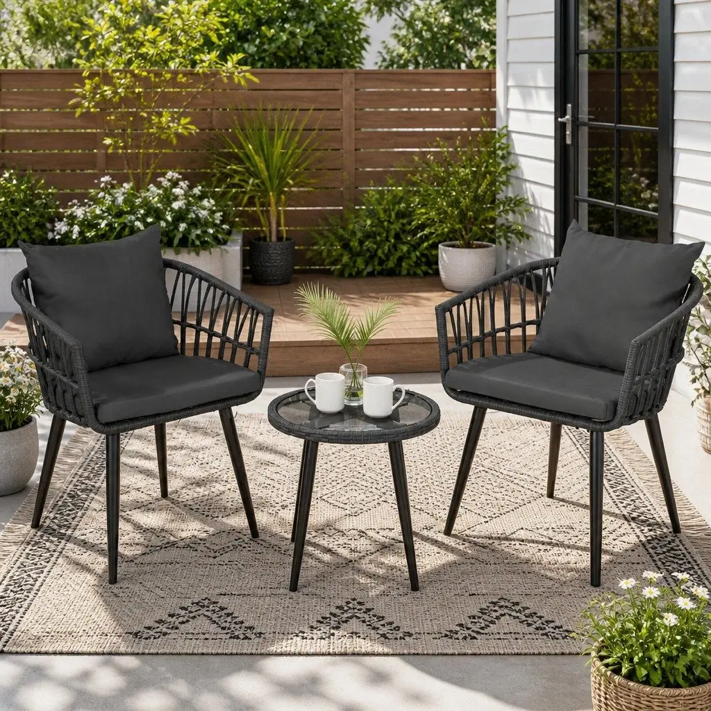 3PC Outdoor Lounge Setting Grey Patio Furniture Bistro Set with Chairs and