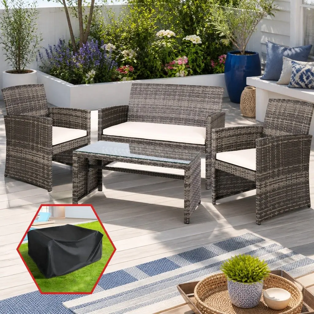 4 Piece Outdoor Rattan Sofa Set with Storage Cover Grey