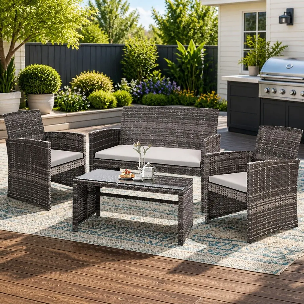 4 Piece Outdoor Sofa Set Wicker Armchair Coffee Table Garden Furniture Grey