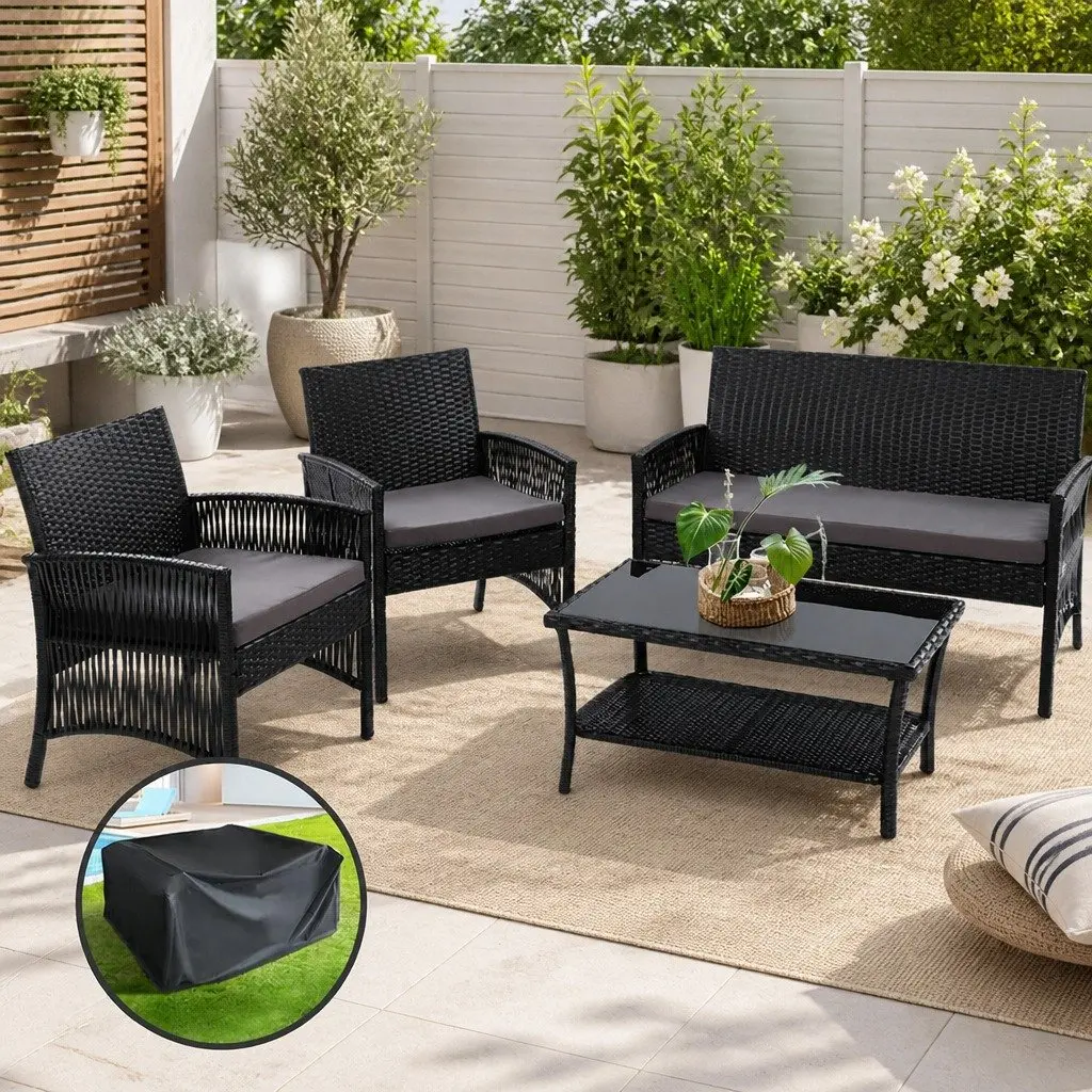 4-Piece Outdoor Sofa Set with Storage Cover Wicker Armchairs Table Black