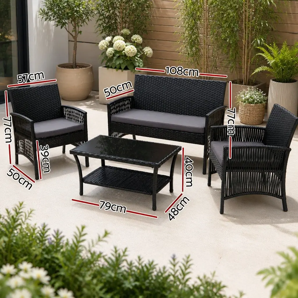 4-Piece Outdoor Sofa Set with Storage Cover Wicker Armchairs Table Black