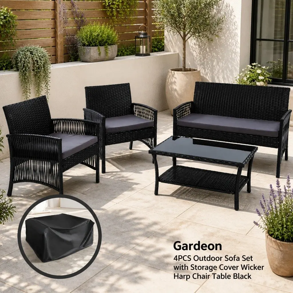 4-Piece Outdoor Sofa Set with Storage Cover Wicker Armchairs Table Black