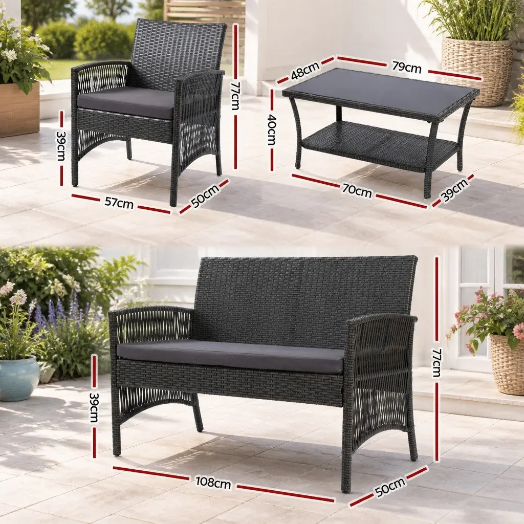 Outdoor Sofa Set 4PCS Wicker Harp Chair Table Garden Furniture Dark Grey
