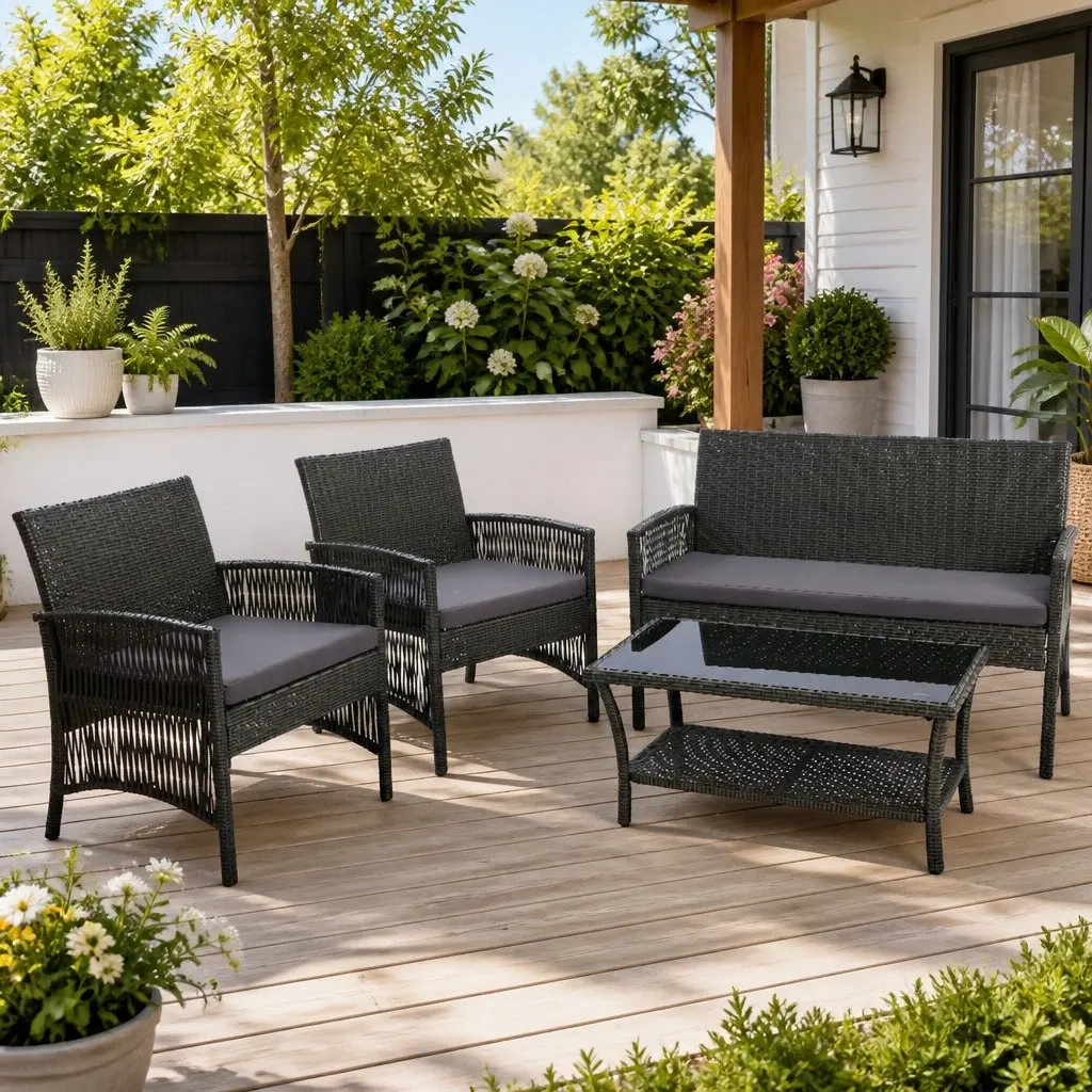 Outdoor Sofa Set 4PCS Wicker Harp Chair Table Garden Furniture Dark Grey