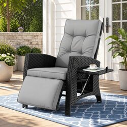 Outdoor Recliner Chair Wicker Lounger Adjustable Backrest Footrest Patio