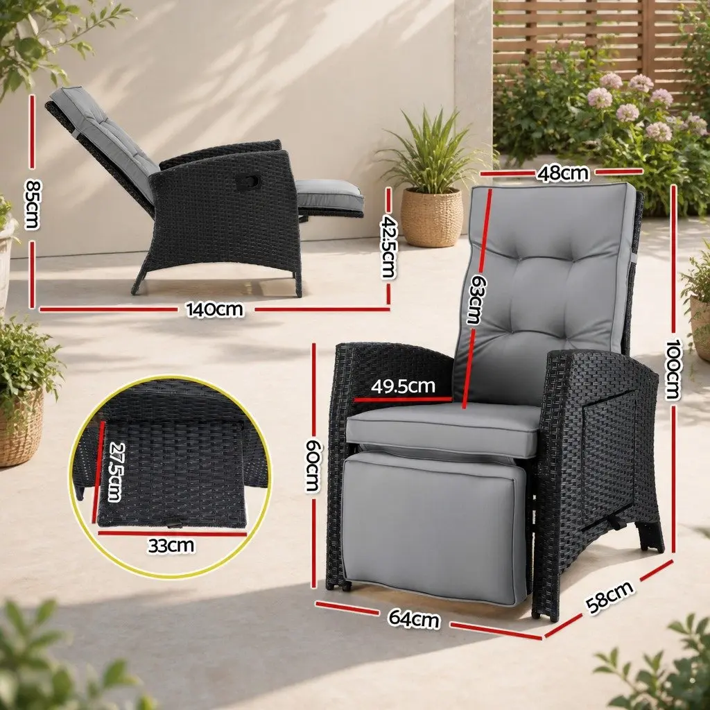 Outdoor Recliner Chair Wicker Lounger Adjustable Backrest Footrest Patio