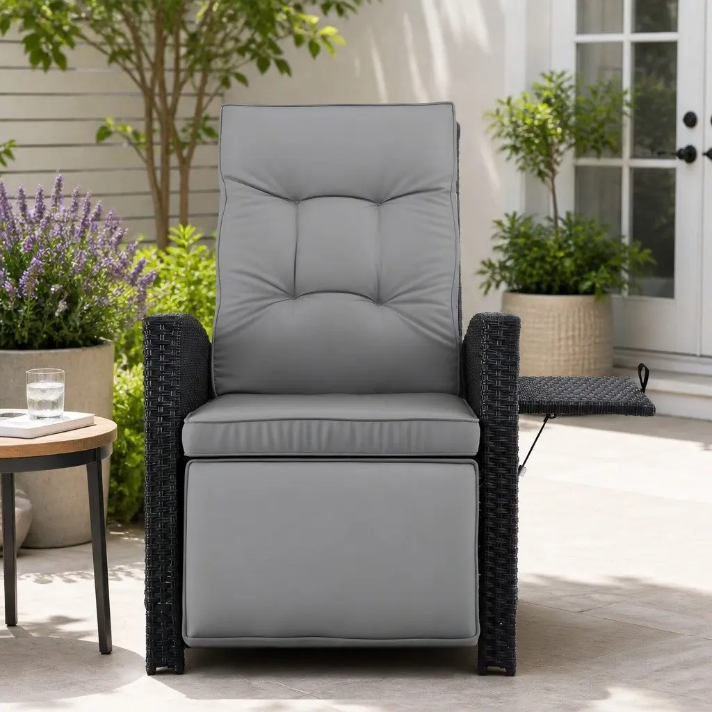 Outdoor Recliner Chair Wicker Lounger Adjustable Backrest Footrest Patio