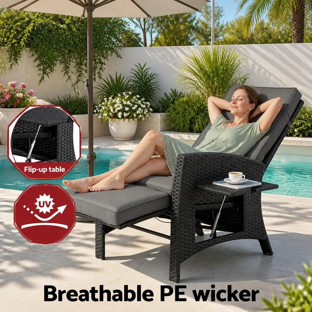 Outdoor Recliner Chair Wicker Lounger Adjustable Backrest Footrest Patio