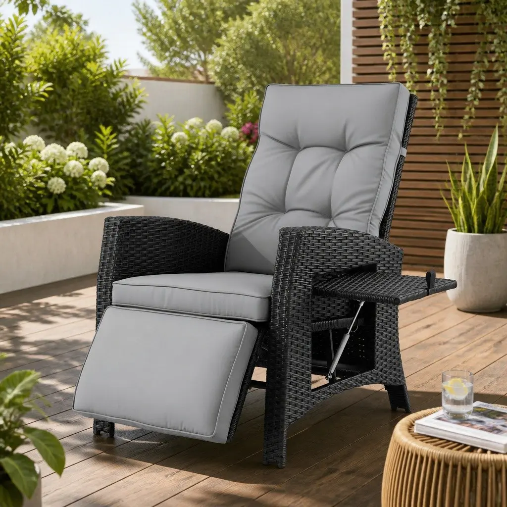 Outdoor Recliner Chair Wicker Lounger Adjustable Backrest Footrest Patio