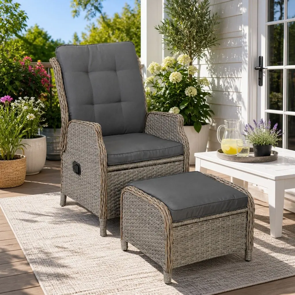 Wicker Recliner Chair Adjustable Backrest Outdoor Sun Lounge Grey 2 Piece Set
