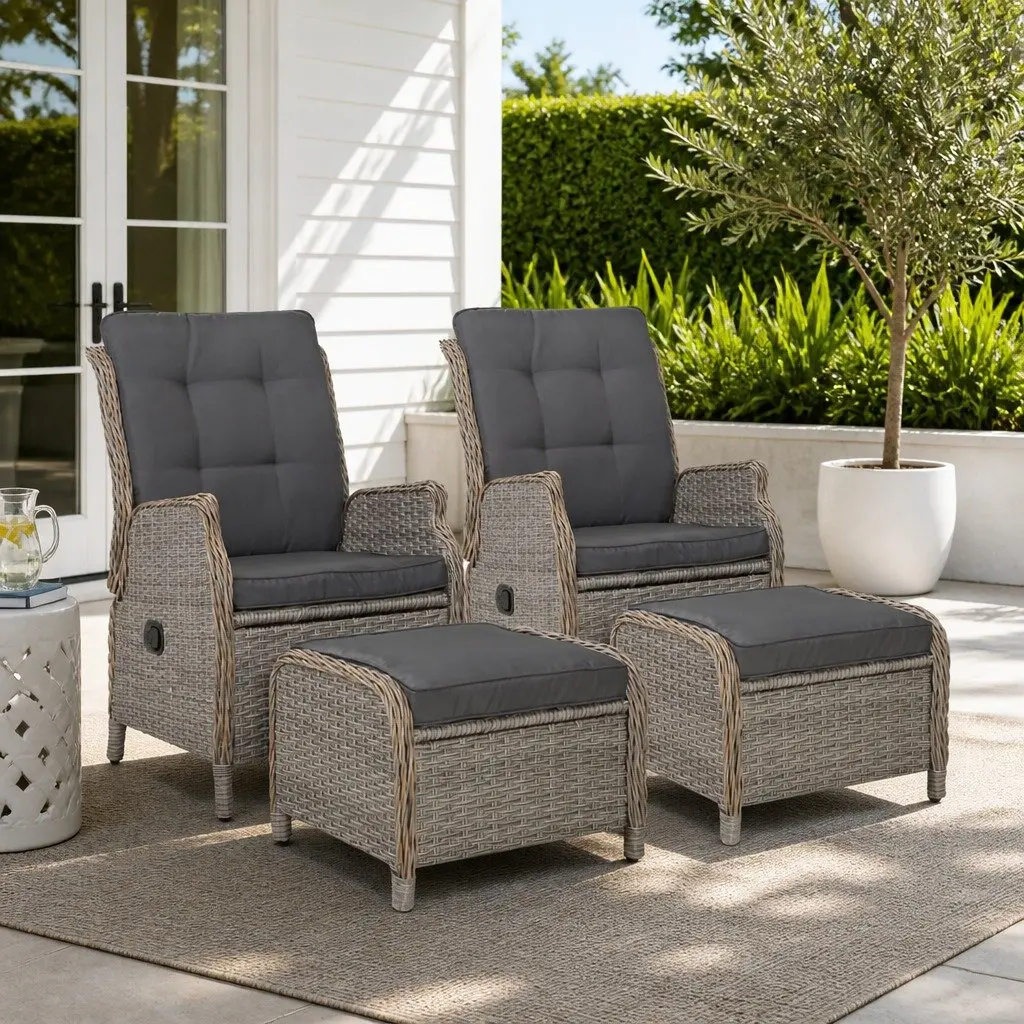 Wicker Recliner Chair Adjustable Backrest Outdoor Sun Lounge Grey 2 Piece Set