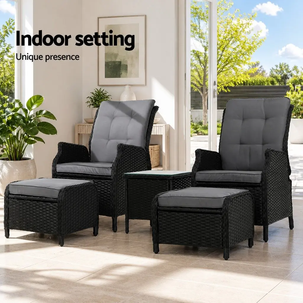 5 Piece Wicker Recliner Outdoor Furniture Set Adjustable Chairs Ottomans Side Table