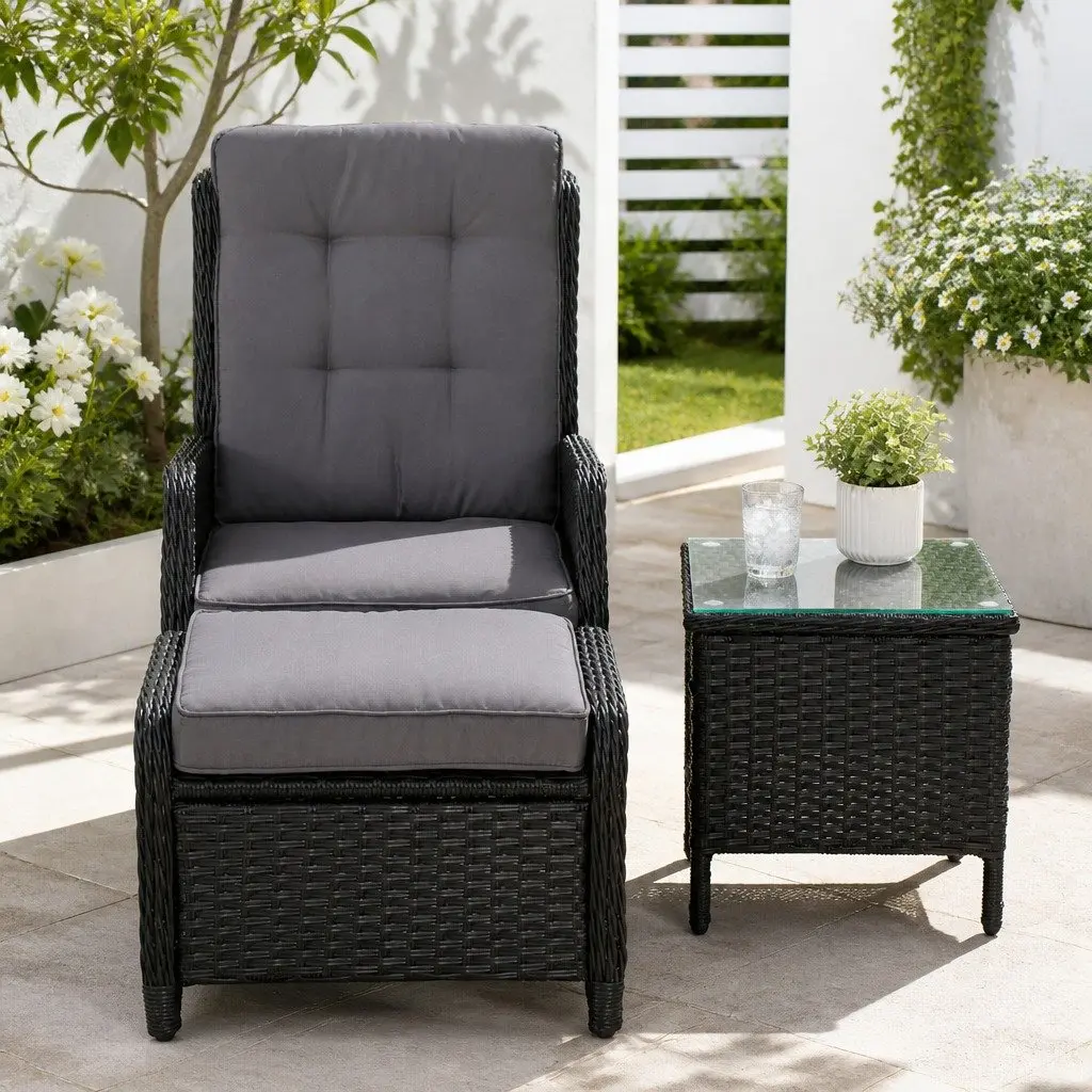 5 Piece Wicker Recliner Outdoor Furniture Set Adjustable Chairs Ottomans Side Table