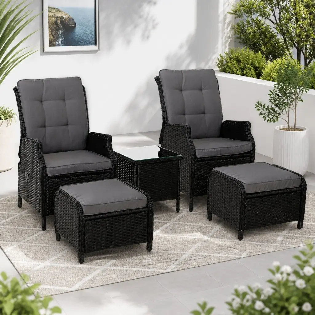 5 Piece Wicker Recliner Outdoor Furniture Set Adjustable Chairs Ottomans Side Table