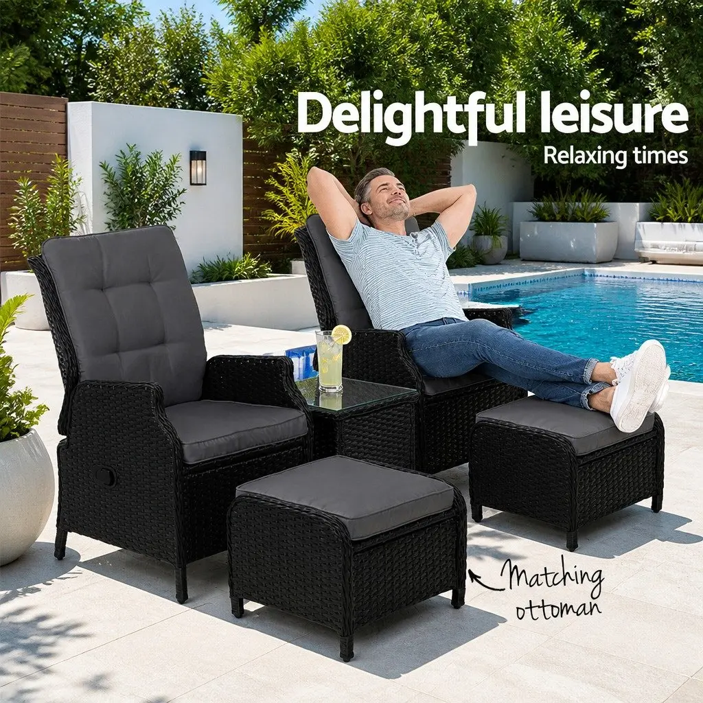 5 Piece Wicker Recliner Outdoor Furniture Set Adjustable Chairs Ottomans Side Table