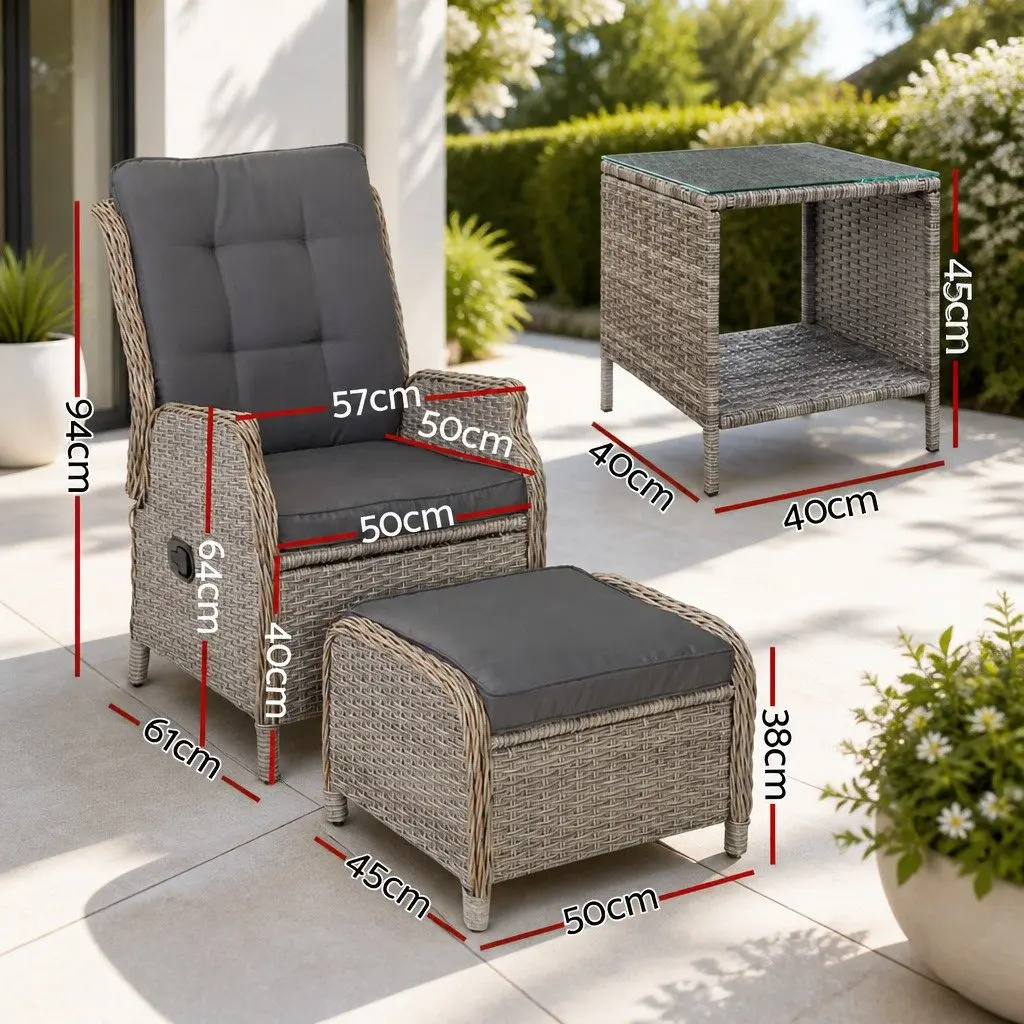 5PC Outdoor Recliner Furniture Set with Adjustable Backrest Grey Wicker and Steel Frame