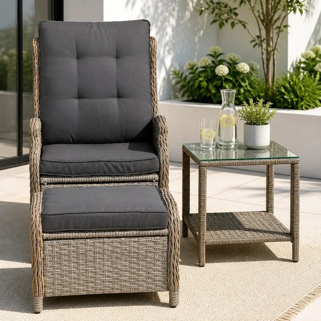 5PC Outdoor Recliner Furniture Set with Adjustable Backrest Grey Wicker and Steel Frame
