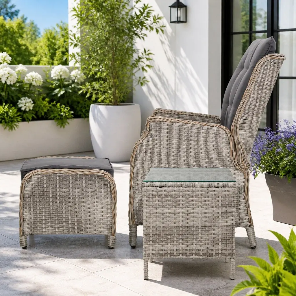 5PC Outdoor Recliner Furniture Set with Adjustable Backrest Grey Wicker and Steel Frame