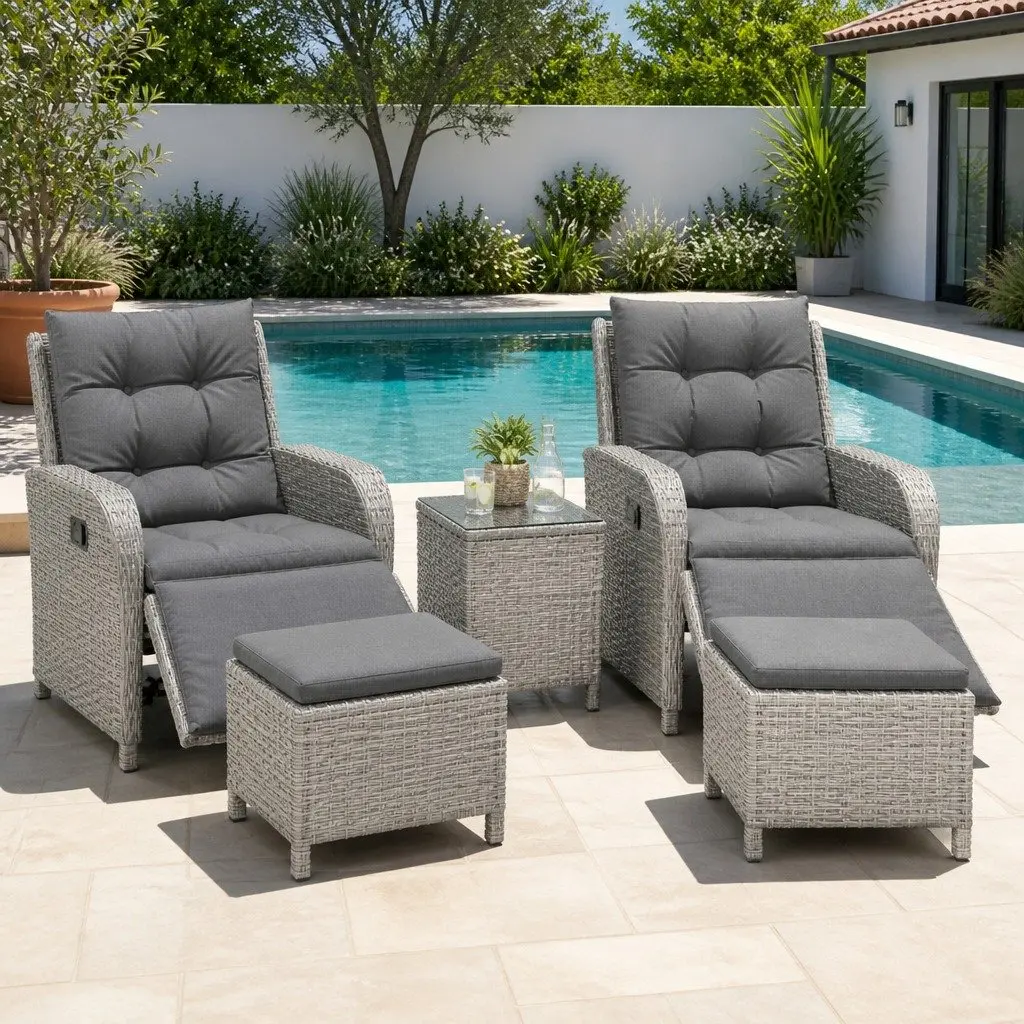 5PC Outdoor Recliner Furniture Set with Adjustable Backrest Grey Wicker and Steel Frame