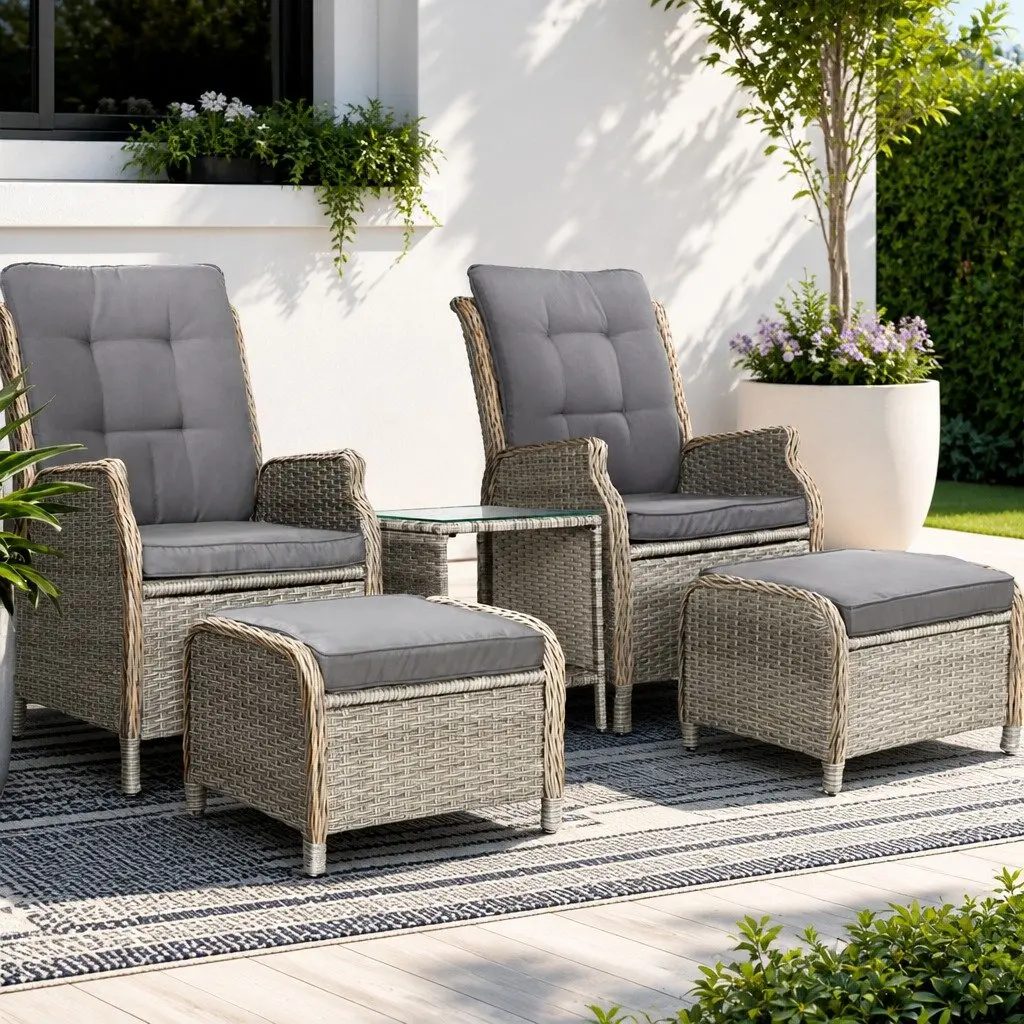 5PC Outdoor Recliner Furniture Set with Adjustable Backrest Grey Wicker and Steel Frame