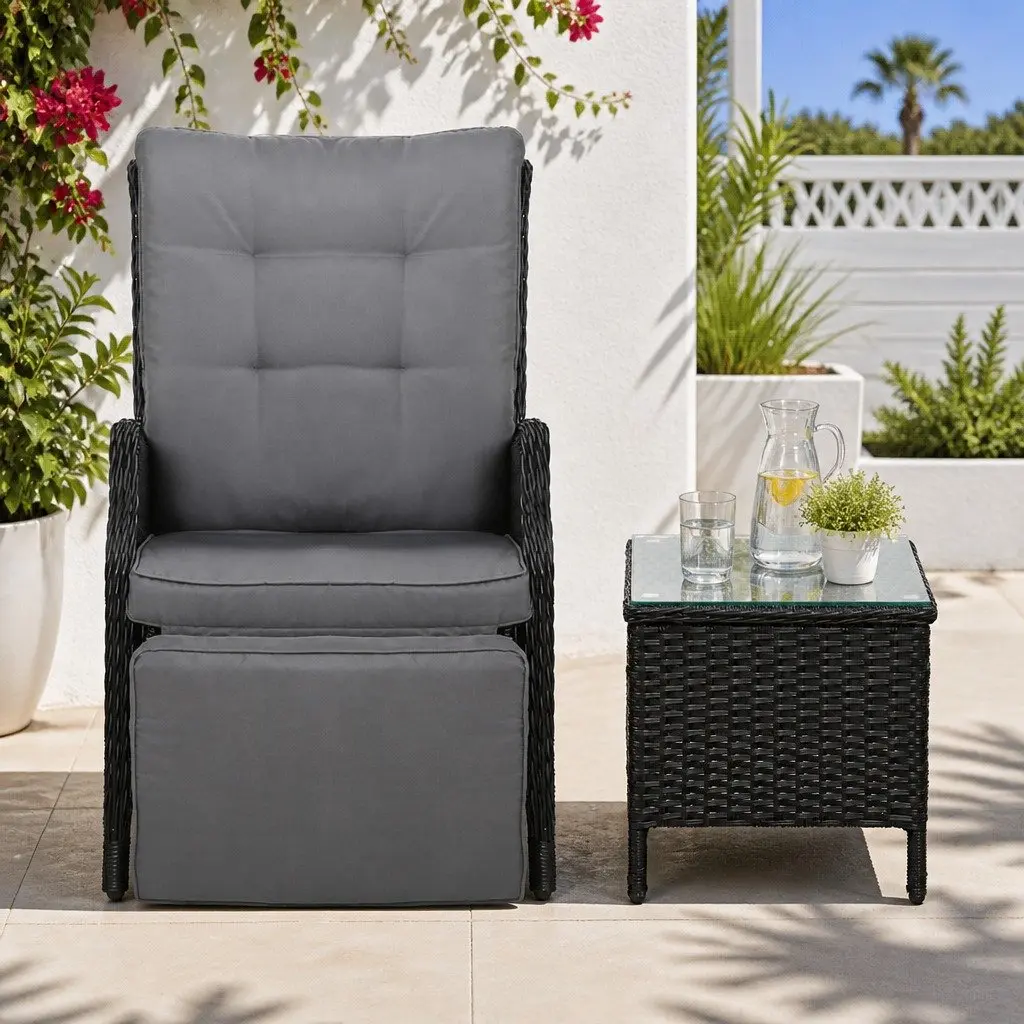 3-Piece Outdoor Recliner Chair Set with Side Table Wicker Garden Lounger