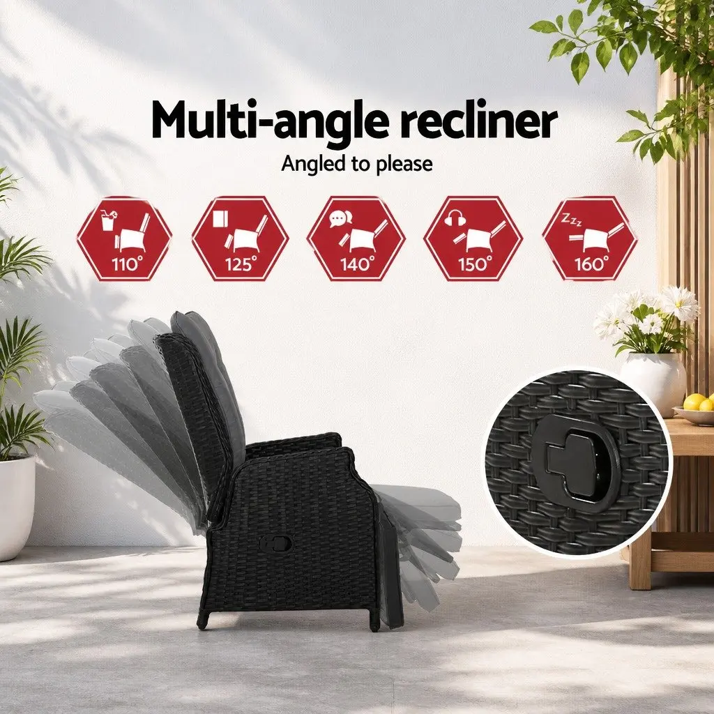 3-Piece Outdoor Recliner Chair Set with Side Table Wicker Garden Lounger