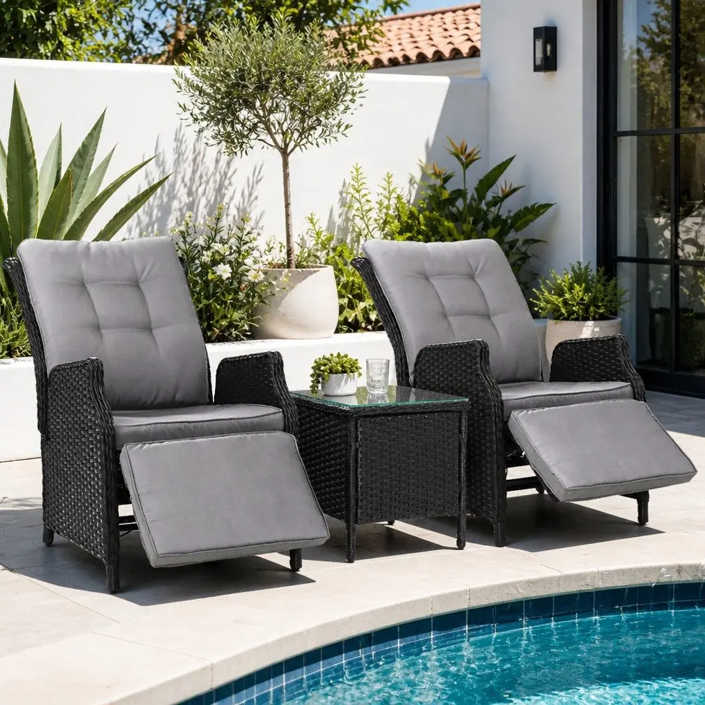 3-Piece Outdoor Recliner Chair Set with Side Table Wicker Garden Lounger