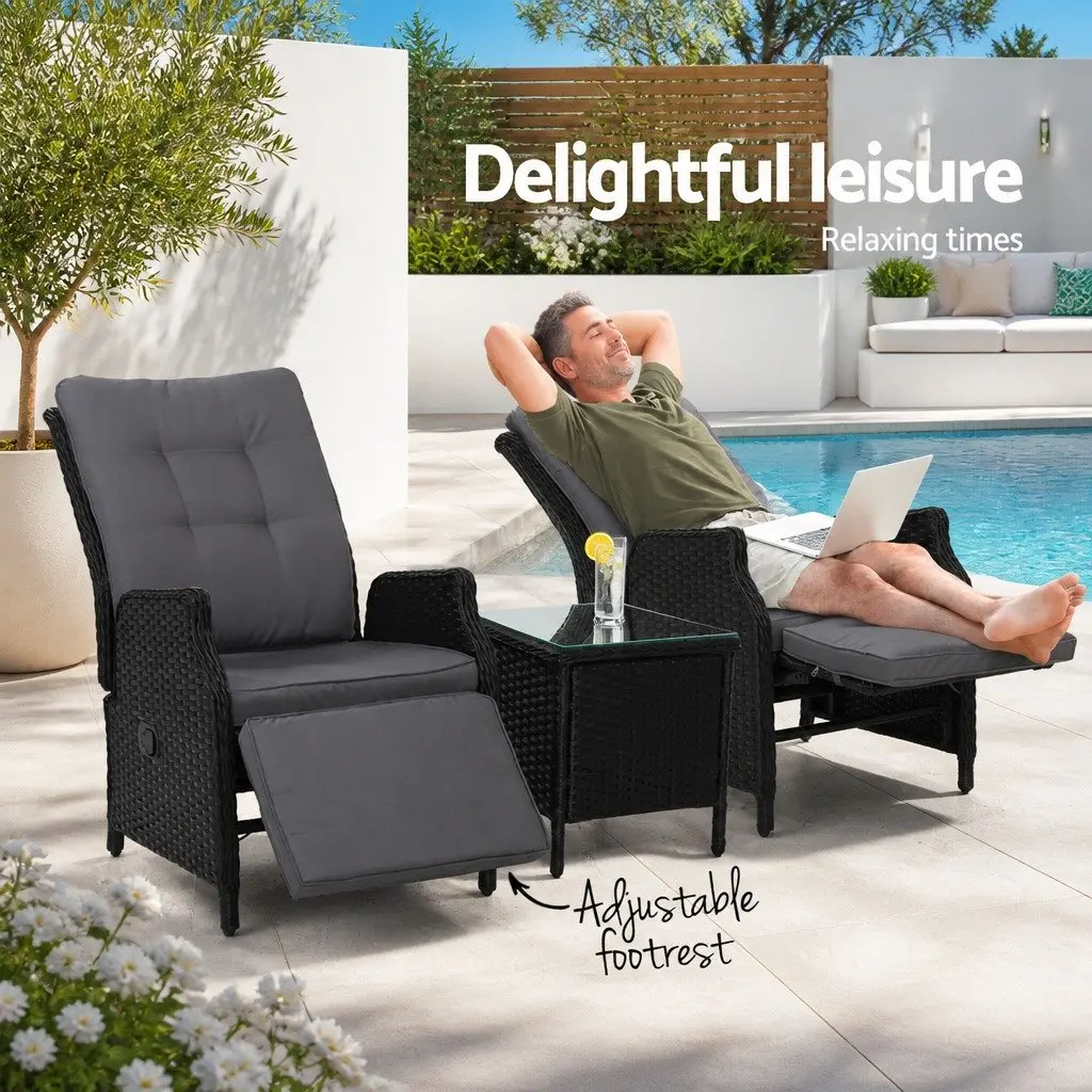 3-Piece Outdoor Recliner Chair Set with Side Table Wicker Garden Lounger