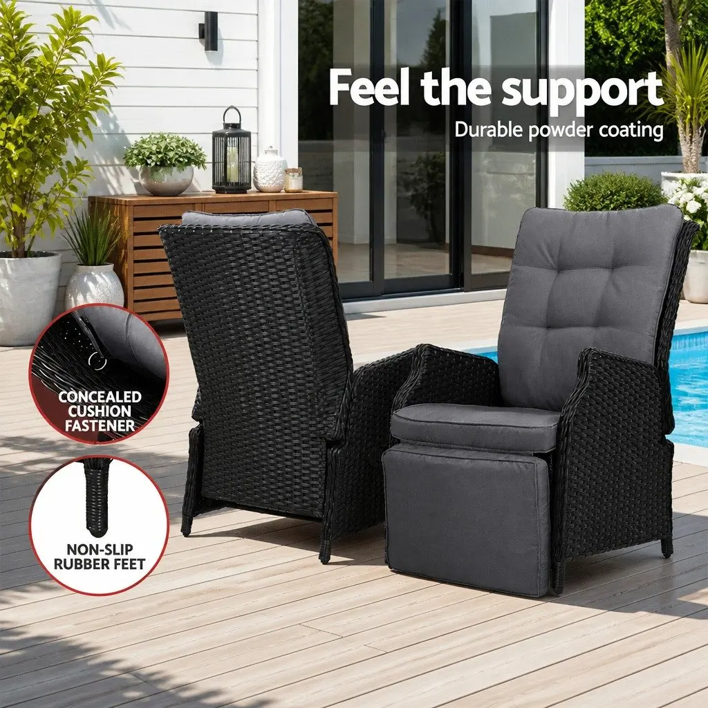3-Piece Outdoor Recliner Chair Set with Side Table Wicker Garden Lounger