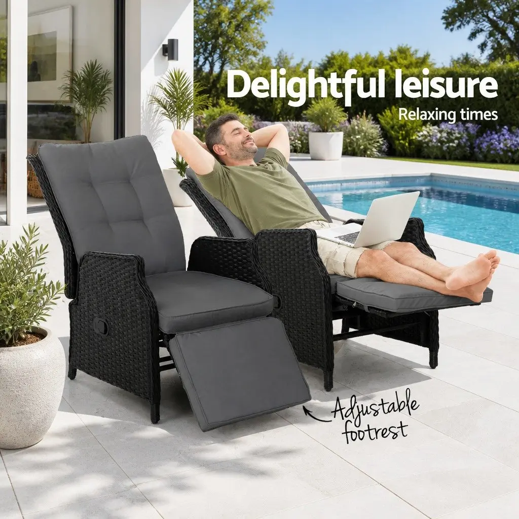 Recliner Chairs Wicker Adjustable Backrest 2PC Outdoor