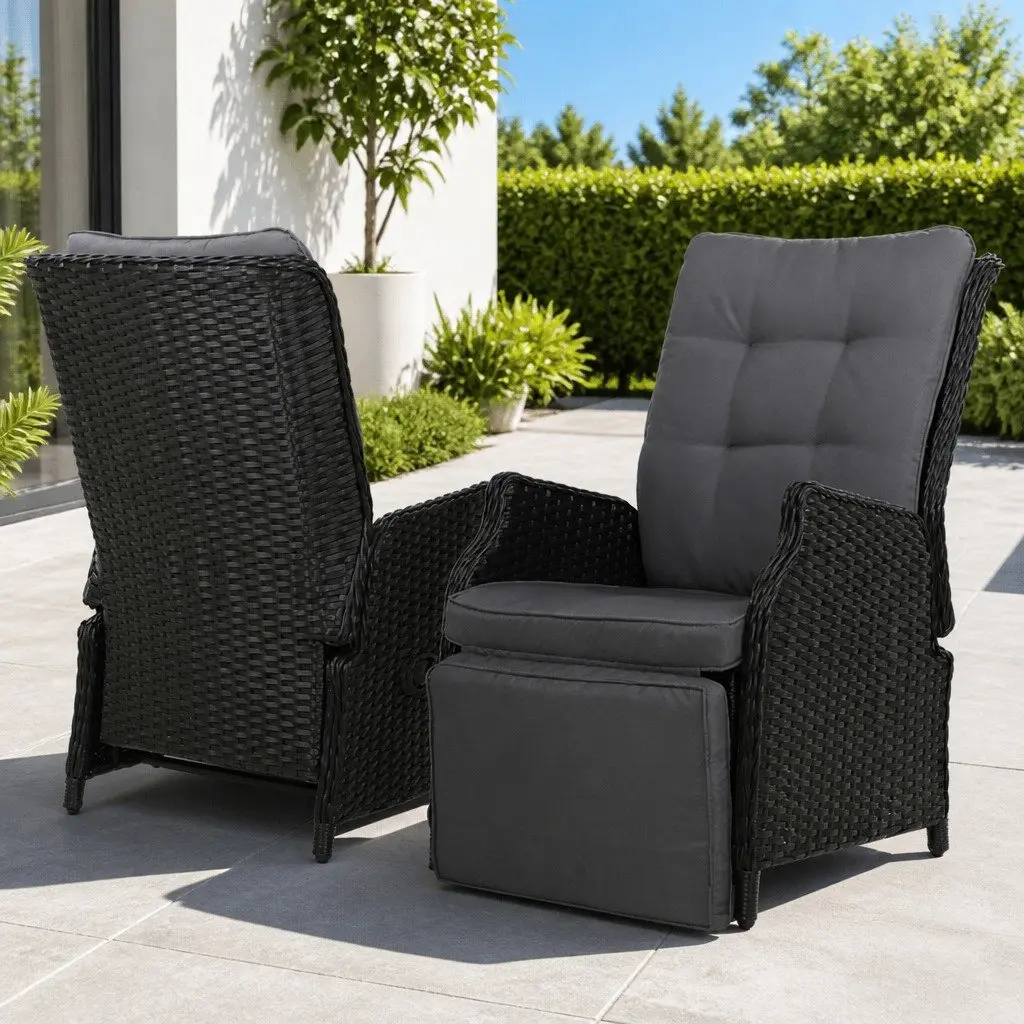 Wicker Recliner Chair Adjustable Outdoor Lounger Black 57cm x 65cm x 95cm