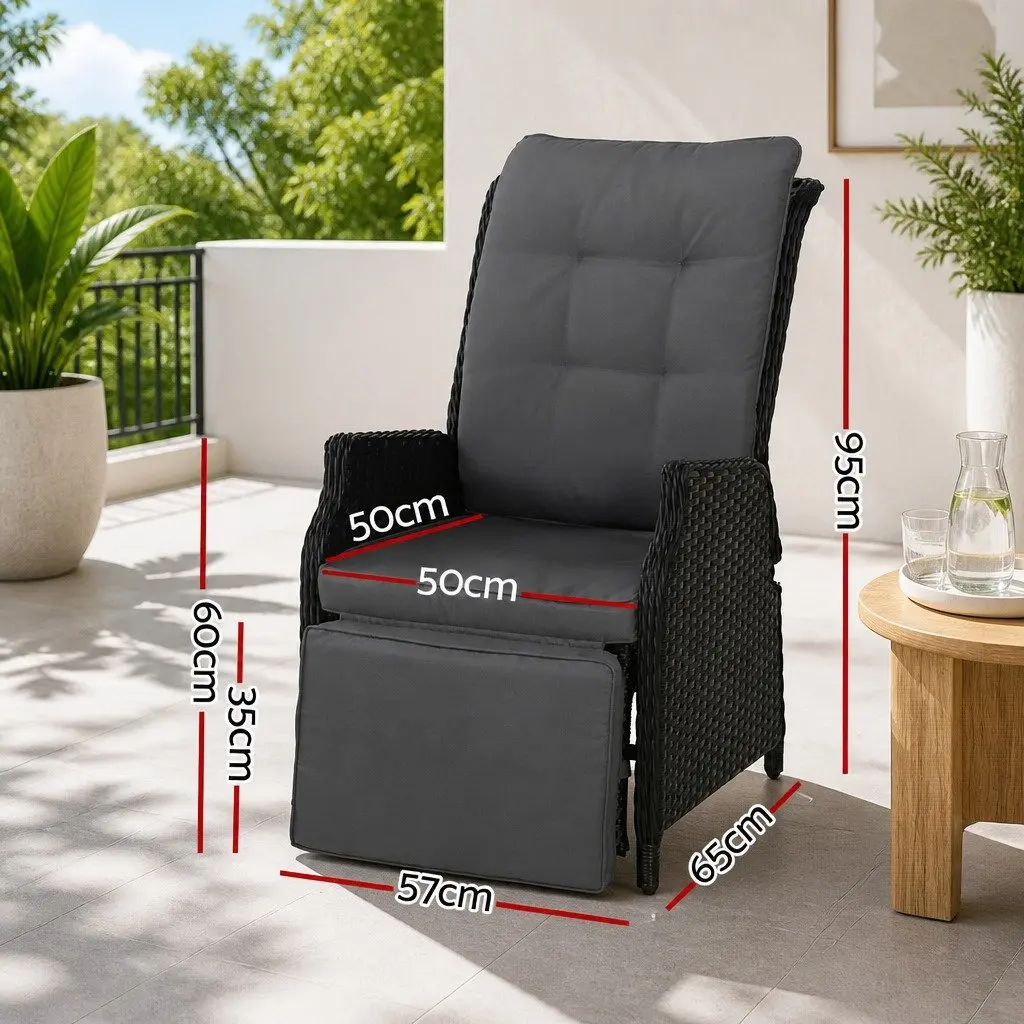 Wicker Recliner Chair Adjustable Outdoor Lounger Black 57cm x 65cm x 95cm