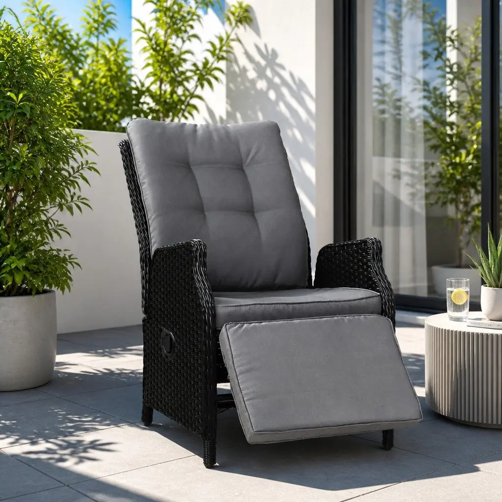 Wicker Recliner Chair Adjustable Outdoor Lounger Black 57cm x 65cm x 95cm