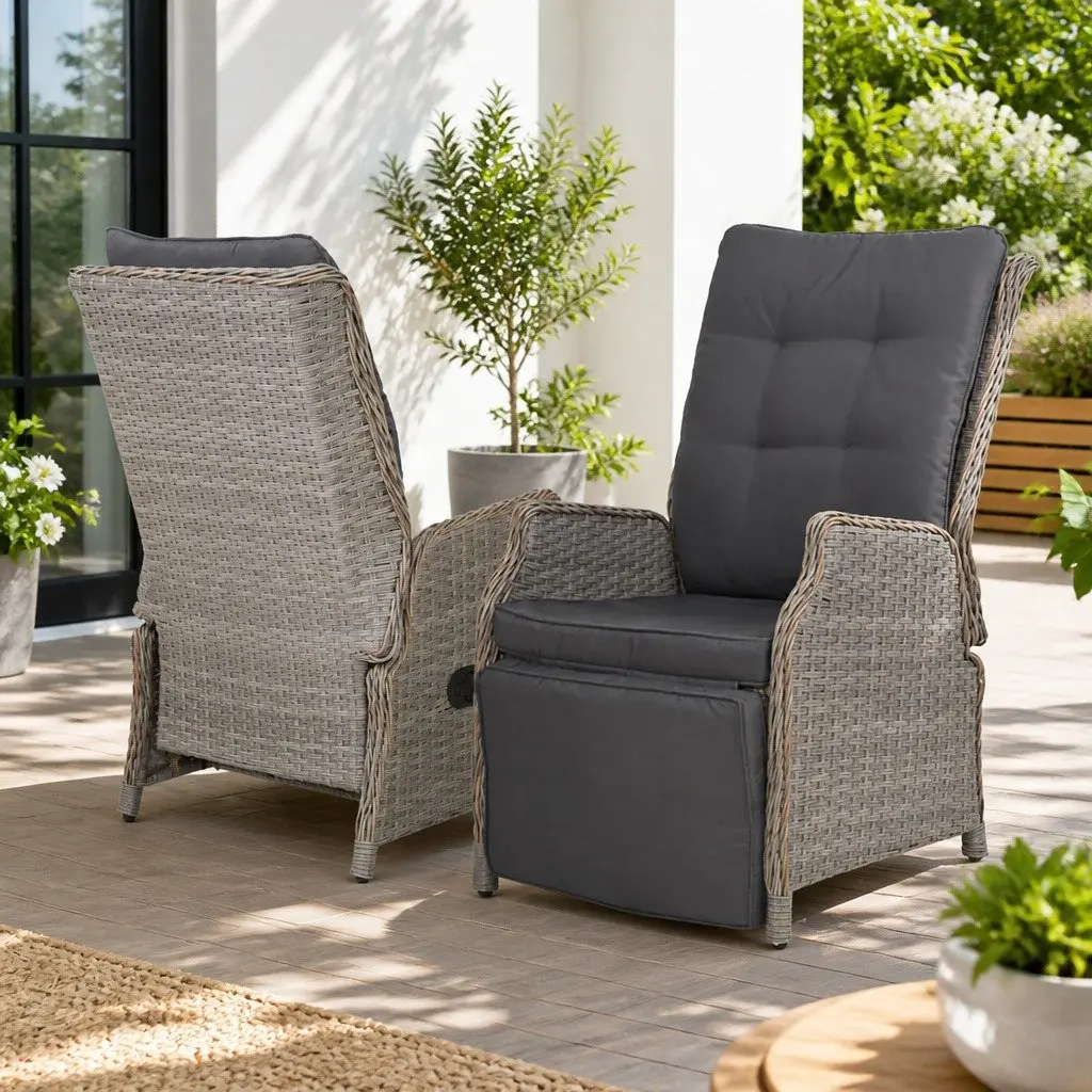 Outdoor Adjustable Wicker Recliner Chair Grey Lounger with High Density Foam Cushion and Steel Frame