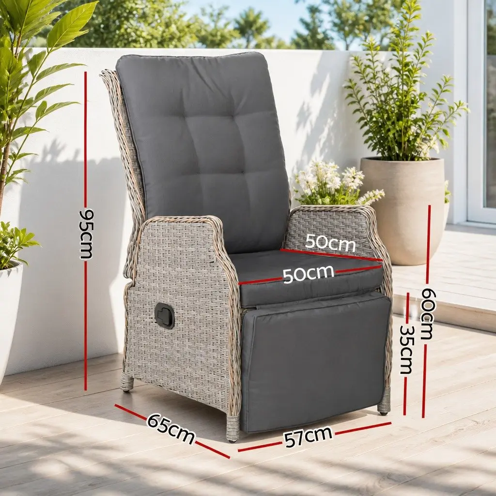 Outdoor Adjustable Wicker Recliner Chair Grey Lounger with High Density Foam Cushion and Steel Frame