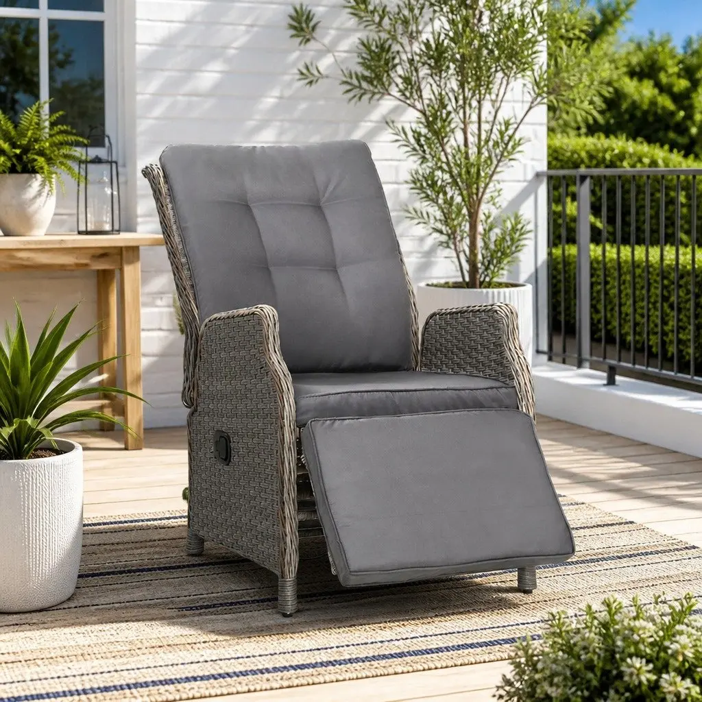 Outdoor Adjustable Wicker Recliner Chair Grey Lounger with High Density Foam Cushion and Steel Frame