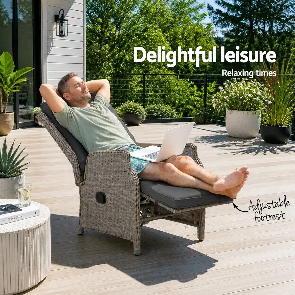 Outdoor Adjustable Wicker Recliner Chair Grey Lounger with High Density Foam Cushion and Steel Frame