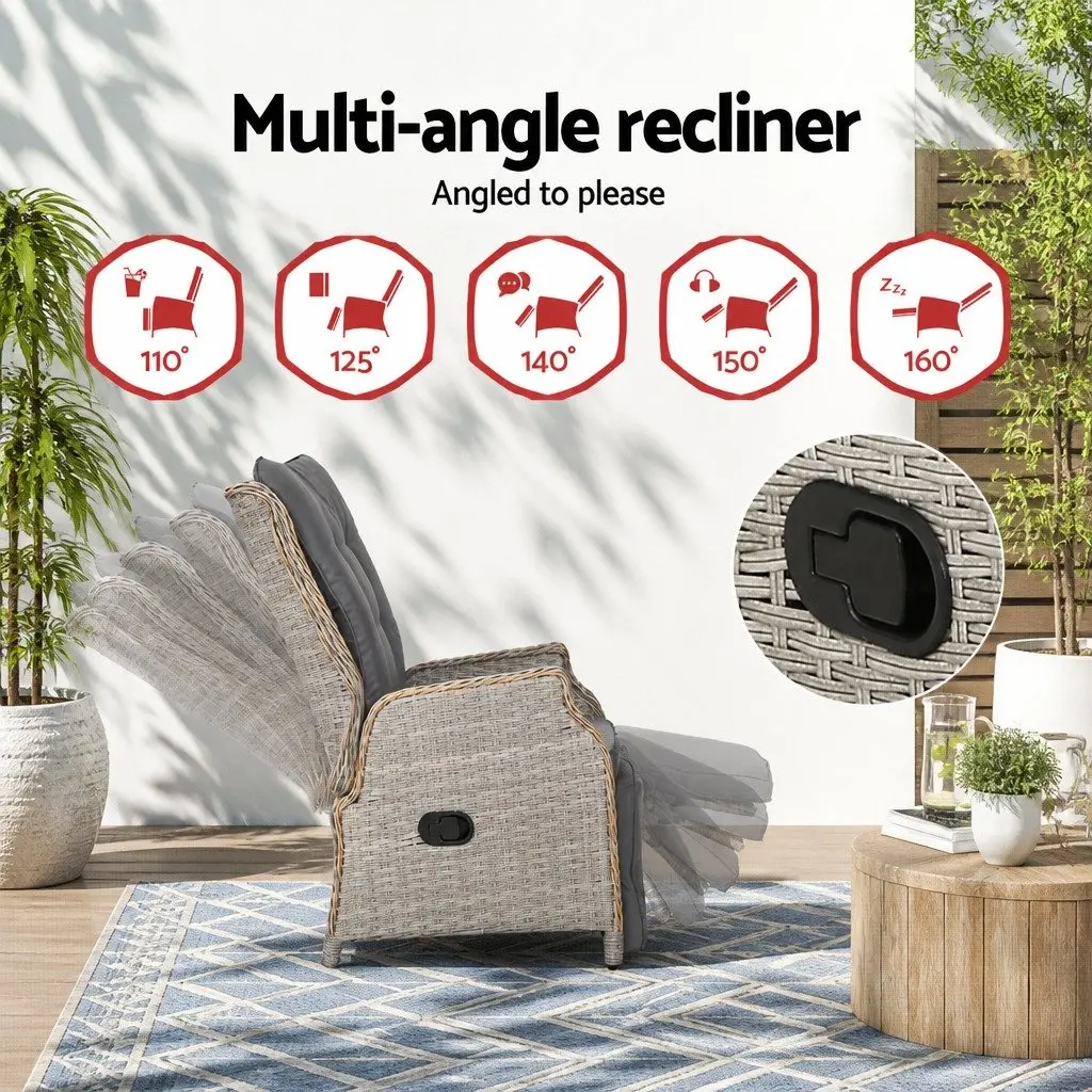 Outdoor Adjustable Wicker Recliner Chair Grey Lounger with High Density Foam Cushion and Steel Frame