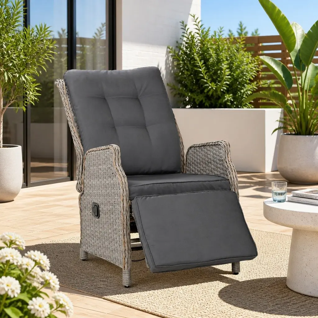 Outdoor Adjustable Wicker Recliner Chair Grey Lounger with High Density Foam Cushion and Steel Frame