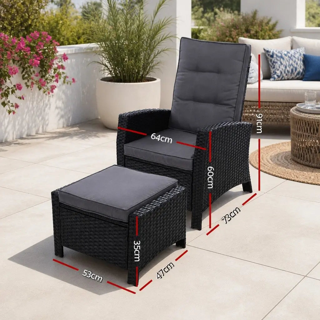Recliner Chair Sun Lounge Wicker Lounger Outdoor Furniture Adjustable Black 2PC
