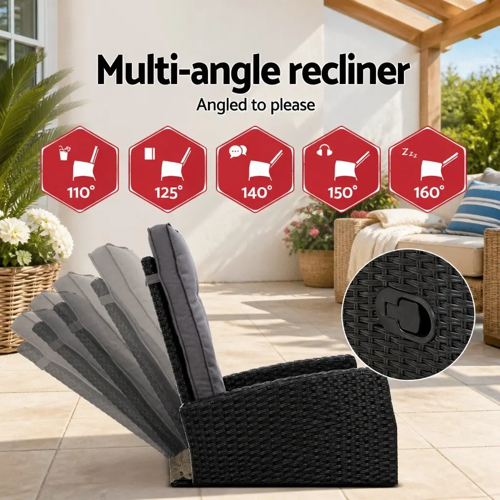 Recliner Chair Sun Lounge Wicker Lounger Outdoor Furniture Adjustable Black 2PC